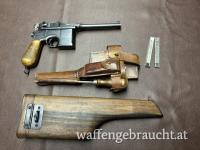 Mauser C96 Originalzustand mit Originalbelederung und Anschlagkasten