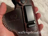 Rot-Brauner Hüft-Holster aus Kalbsleder für schnelles Ziehen, offenes Tragen für die linke Hand - verdecktes Tragen rechts