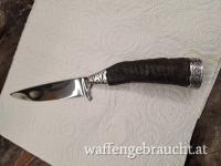 Jagdmesser Gamshorn Handgeschmiedet Solingen 440C Gravur Gamshaupt + Initial Karl mit Lederscheide   