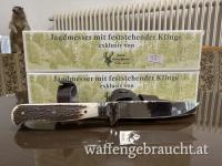 Thüringer Wald Jagdknicker Motivklinge Hirsch mit 10cm Klingenlänge, Flachangel und Gürtelscheide